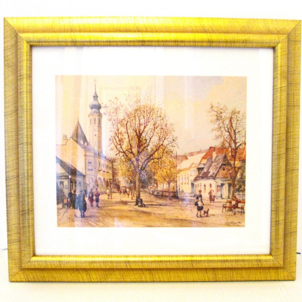 Antq/Vtg(1888-1965)Vienna Church Lane by Austrian artist Karl Schwetz Gold frame